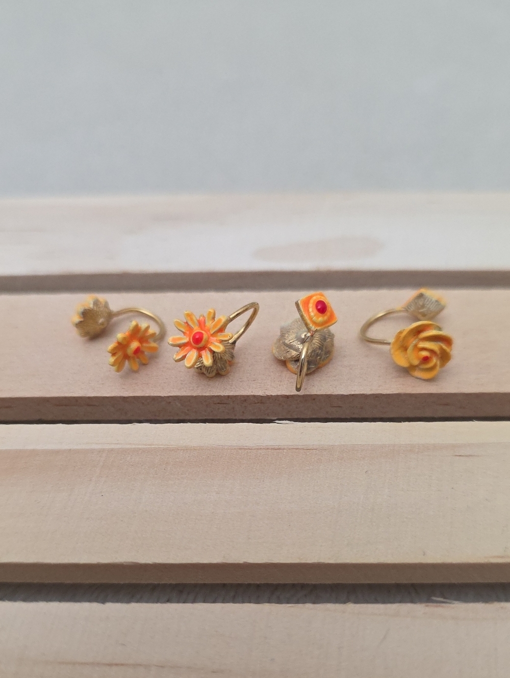 Vintage Gold Tone Enamel Floral Ear Cuff Set Yellow Orange Flower Cuffs